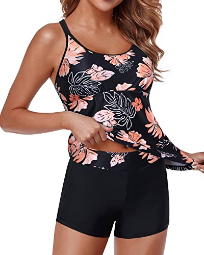Women's Two Piece Tankini Swimsuits Shorts Tummy Control Bathing Suits-Black Orange Floral