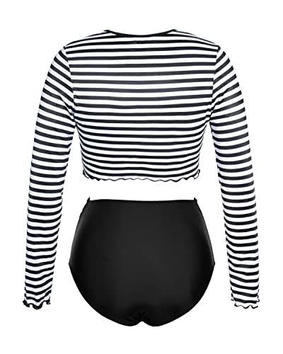 Crop Top Long Sleeve Rash Guard For Women-Black And White Stripe