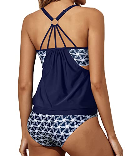 Athletic Tummy Control Bathing Suit Tankini Swimsuits For Women-Blue And White Stars