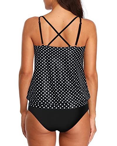 Women's 2 Piece Blouson Tankini Swimsuits Tummy Control Bathing Suits-Black Dot