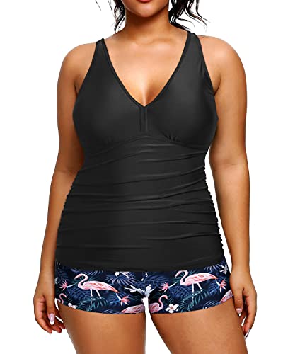 Modest Plus Size Tankini Shorts Swimwear For Women-Black Flamingo