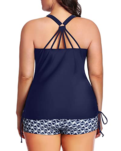 Sexy Hollow-Out Back Design Two Piece Ruched Swimsuit-Navy Blue Tribal
