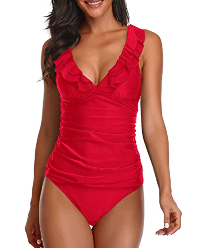Stylish Shirred Front Tankini Set Tummy Control Swimsuits For Women-Red