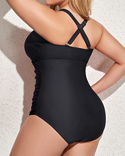 Vintage Plus Size Deep V Neck One Piece Swimsuit Lace Up Swimwear-Black