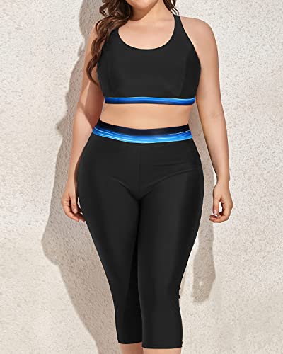 Slimming Plus Size Swimsuits For Women Sports Bra & Swim Capris-Blue And Black Stripe