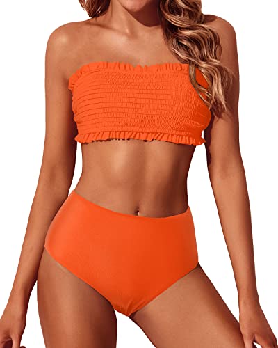 Ruffle Off Shoulder High Cut Cheeky High Waisted Bikini Set-Neon Orange