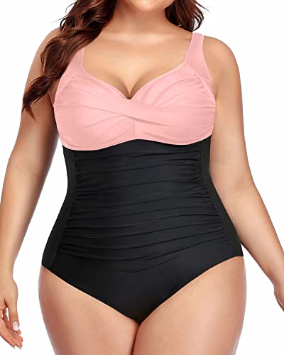 Plus Size One Piece Swimsuits Tummy Control Twist Front Ruched Swimwear-Pink And Black
