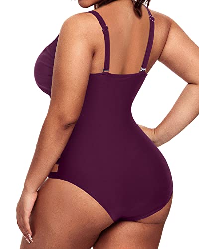 Plus Size High Waisted Monokini Side Cutout Sexy Swimwear-Maroon