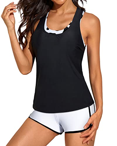 Open Back Tankini Top Sports Bra And Boyshorts Bathing Suits 3 Piece Tankini-Black And White Cow