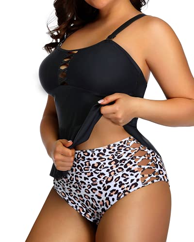 Lace Up Modest Coverage Plus Size Swimsuits For Women-Black And Leopard