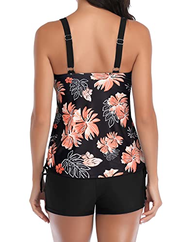 Women's Two Piece Tankini Swimsuits Shorts Athletic Bathing Suits-Black Orange Floral