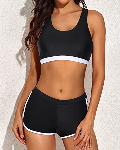 3 Piece Sports Bra & Boyshorts Tankini For Women-Black