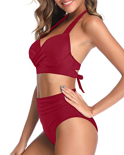 Women's Push Up Molded Cups Halter Neck Bikini Swimsuits-Red