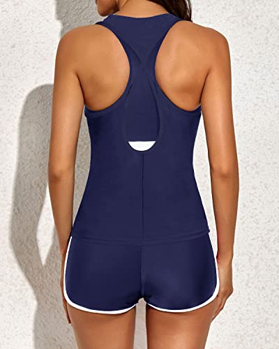 Womens Athletic Tankini Swimsuits Sports Bra And Boyshorts Shorts-Navy Blue