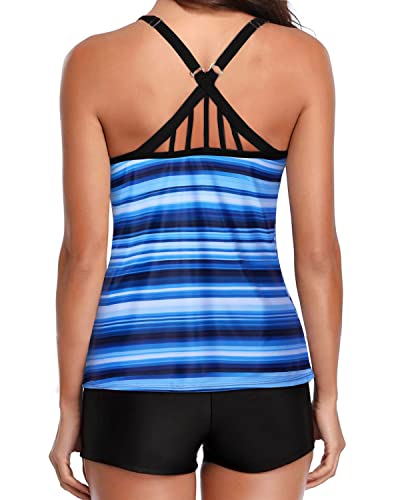 2 Piece Modest Tankini Swimsuits Boy Shorts Athletic Swim Tank Top-Blue Black Stripes