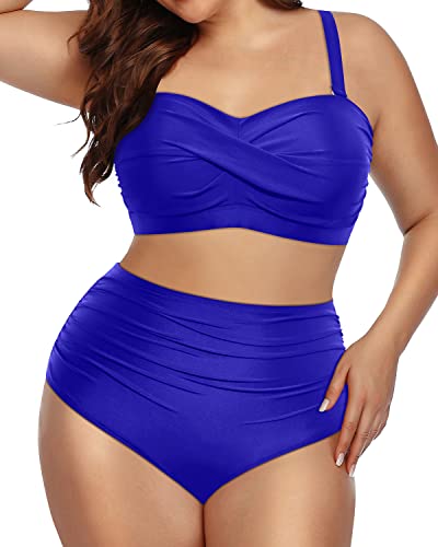 Twist-Front Plus Size High Waisted Bikini Set Bandeau Swimsuits For Women-Royal Blue