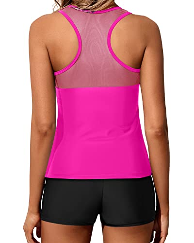 Sporty Racerback Tankini Top And Boyleg Shorts Swimsuit Set For Women-Neon Pink And Black