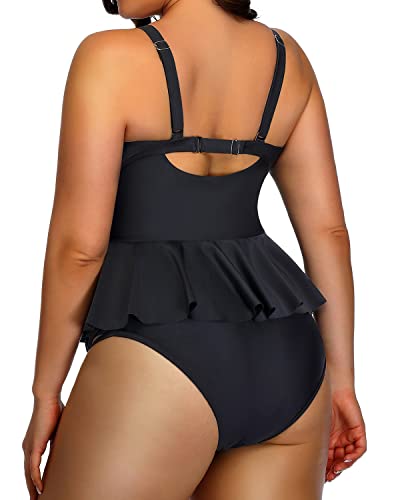 Tummy Control Two Piece Swimsuits Plus Size Swimsuits For Women-Black