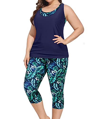 3 Piece Plus Size Tankini Swimsuit Sports Bra And Swim Capris For Women-Blue Leaves