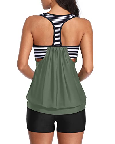 Racerback Blouson Tankini High Waisted Boardshorts Two Piece Swimsuits-Army Green