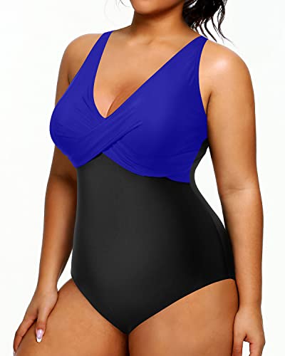Slimming Plus Size Swimsuit One Piece Bathing Suits For Women-Royal Blue And Black