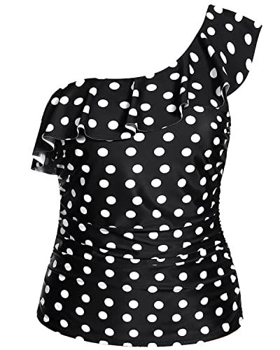 Slimming One Shoulder Tankini Top Front Ruching For Women-Black Dot