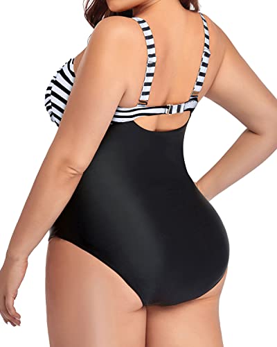 Tummy Control Retro One Piece Swimsuits Vintage Plus Size Swimwear-Black And White Stripe