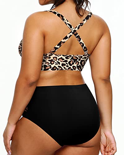 2 Piece Plus Size Bikini High Waisted Swimsuits Tummy Control Swimwear-Black And Leopard