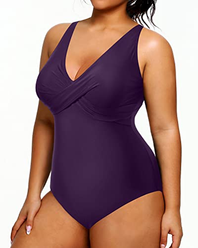 Women's Slimming One Piece V-Neck Plus Size Swimsuits-Dark Purplish Red