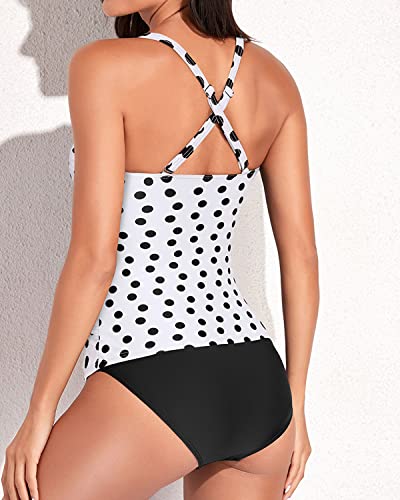 V-Neck Tankini Tops For Women Swimwear Tummy Control-White Black Polka Dots