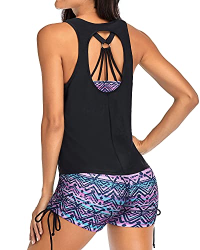 Women's Slimming Tankini Boyshorts And D-Ring Strappy Tankini-Black And Tribal Purple