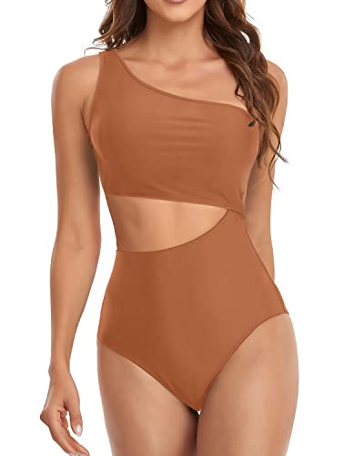 Women's Deep Cutout One Piece Waisted Swimsuit Cutout Swimwear Monokini-Brown