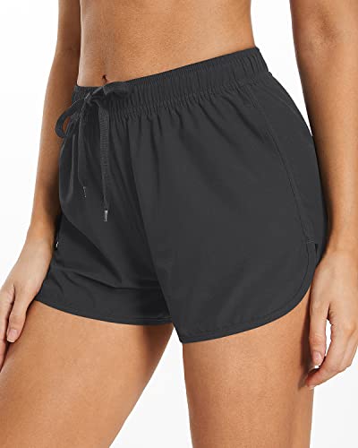 Athletic Women's Swim Shorts Pockets Drawstring Swim Bottom Trunks-Grey