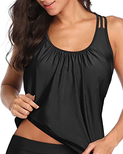 T Back Padded Push Up Bra Blouson Tankini Top Swimsuits For Women-Black
