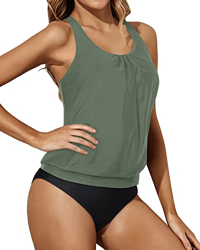 Blouson Two Piece Tankini Swimsuits Women Tummy Control Bathing Suits-Olive Green
