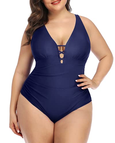 Push Up Padded Bra Plus Size Slimming One Piece Swimsuit-Navy Blue