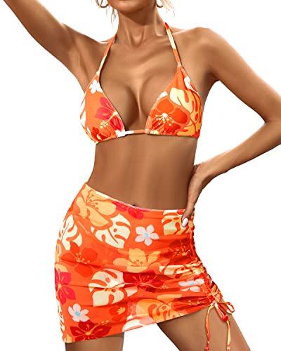 Triangle Thong Bathing Suits Set Sexy Women's 3 Piece Swimsuits-Orange Flowers