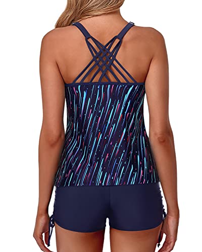 Cross-Back Women's Swimsuits Athletic Two Piece Tankini Shorts-Navy Blue