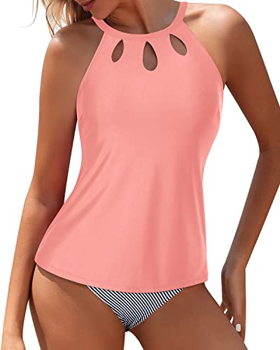Modest Backless Halter High Waisted Tankini Bathing Suit-Coral Pink Stripe