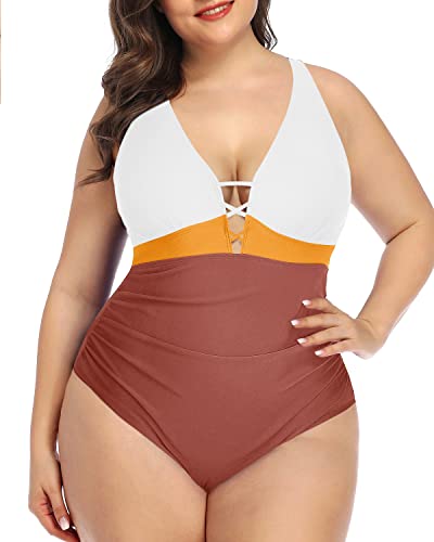 Push Up Padded Bra Plus Size Swimsuit High Waisted Line For Women-Whtie Yellow Brown