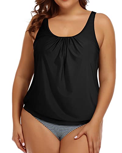 Womens Plus Size Two Piece Bathing Suits Blouson Tankini High Waist Bottom-Black Stripe