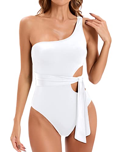 Cut Out One Shoulder Swimsuit Cutout Swimwear Monokini-White