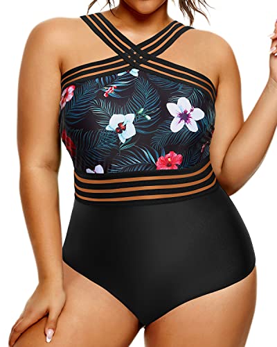 Strapless Tummy Control Bathing Suit Plus Size One Piece Swimsuit-Black Floral
