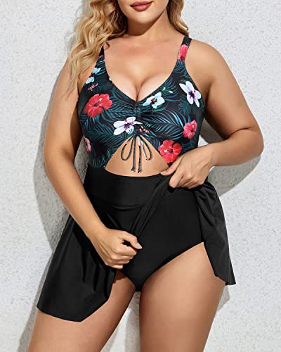 Full Bottom Coverage Plus Size Swimsuit One Piece Swimdress-Black Floral