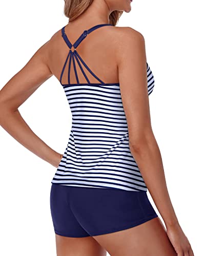 Athletic Two Piece Swimsuit For Women Shorts Tummy Control Bathing Suits-Blue White Stripe