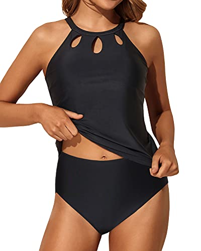 High Neck & Backless Design Two Piece Tankini Bathing Suit-Black
