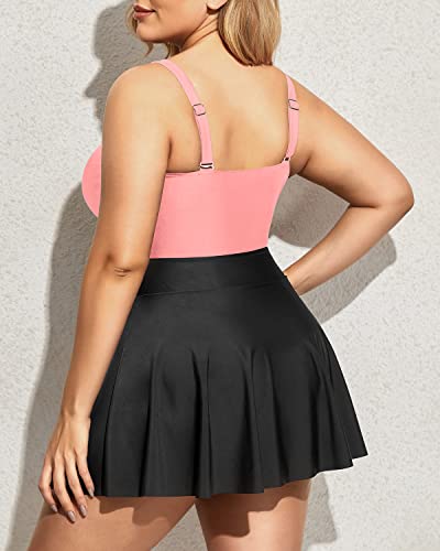 Plus Size One Piece Swimsuits Skirt V Neck Swimdress Cutout Bathing Suits-Pink And Black