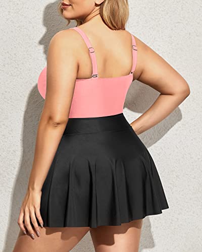 Plus Size One Piece Swimsuits Skirt V Neck Swimdress Cutout Bathing Suits-Pink And Black