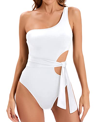 Cut Out One Shoulder Swimsuit Cutout Swimwear Monokini-White