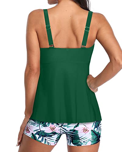 Modest Flowy V Neck Tankini Bathing Suits Boyshorts For Women-Green Tropical Floral